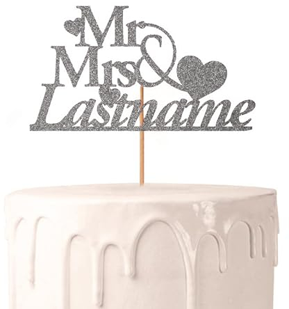 ELITEPRINT Personalised Mr and Mrs Last name Wedding Glitter Cake Topper - Bride and Groom Sign - Heart Shape for Wedding Engagement Valentine Anniversary Cake Decoration- Party Supplies (Silver)
