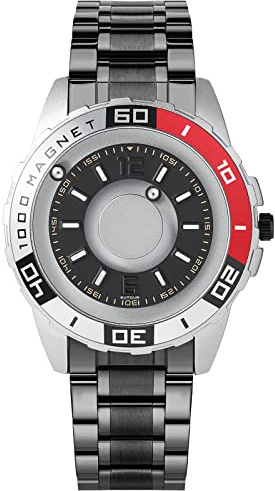 EUTOUR Montre Homme Sport Magnétique Pas de Verre Roulement à Billes Quartz Montres Bracelet pour Homme avec Bracelet en Acier Inoxydable Argent