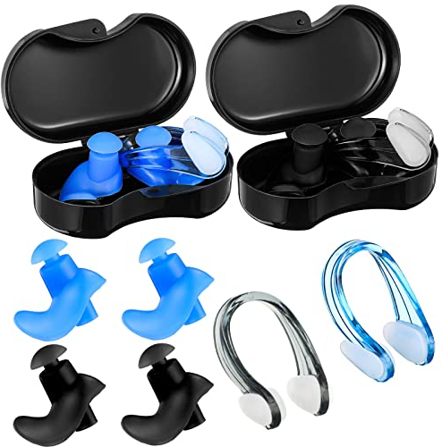 2 Sets de Tapones para los Oídos y Pinzas de Nariz para Natación Tapones de Silicona Impermeables Reutilizables con Caja para Nadar Duchar Piscina Surf Deportes Acuáticos (Negro, Azul)