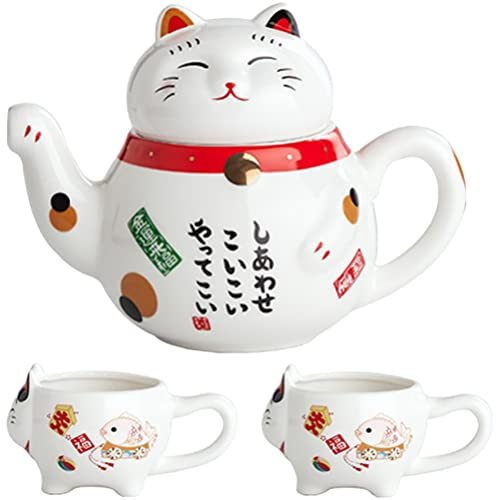 HOMSFOU Glass Teapot Cute Tea Kettle 1 Set Japanese Maneki Neko Lucky Cat Ceramic Tea Pot and Cups Set Asian Tea Set Coffee Tea Cups for Home Decor Present Japanese Tea Set Japanese Tea Set