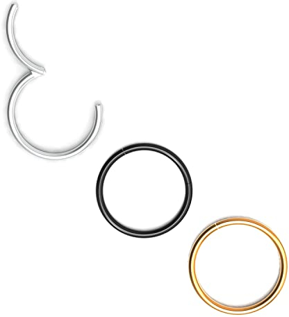 Body CAC 3 Stück-0,8mm×7mm 316L Chirurgenstahl Hinged Nose Rings Hoop Piercing Lip Helix Knorpel Rook Ohrringe, Gold/Silber Ton/Schwarz