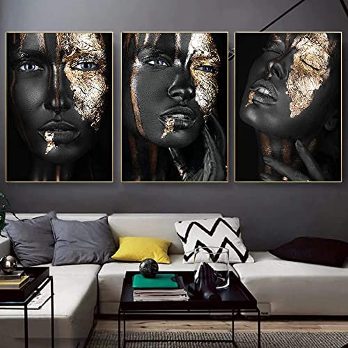HTWLMM Impression sur Toile Tableau Africain Noir Or Femme Peintures Decoration Affiche Murale Art Chambre Salon Décor À La Maison sans Cadre (3X60X80CM)