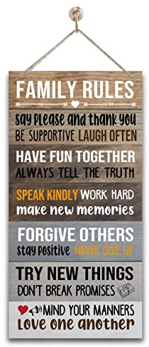 Holzschild mit Aufschrift Warm Family Rules, inspirierender Familienspruch, rustikales Hängeschild, Kunstdekoration, Heimdekoration, Bauernhaus-Wanddekoration, Einweihungsgeschenk