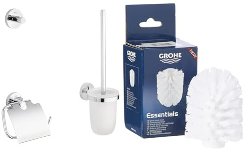 GROHE Essentials Accessoires Bath (WC-Set 3 in 1, Material: Glas/Metall) chrom, 40407001, Rund, Weiß & Essentials | Accessoires Ersatzbürstenkopf | weiß | 40791001