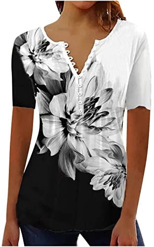 AMhomely Summer Tops for Women UK Elegant Blouse Floral Print Shirts Short Sleeve Tunic Top Button Down V Neck Blouse Pleated T Shirt Ladies Tops Swing T-Shirts Plus Size Loose Tees Shirts