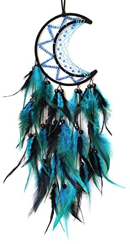 Donko Moon Dream Catcher Schwarz und Blau Traumfänger Wanddekoration Handgemachte Feder Traumfänger Wandbehang Ornament für Schlafzimmer Wohnzimmer Wohnkultur