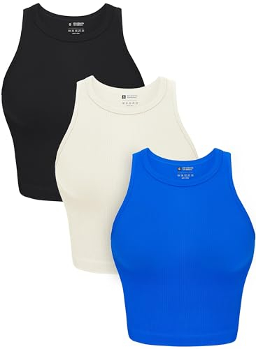OLCHEE Damen-Tank-Tops, bauchfrei, nahtlos, gerippt, Rundhalsausschnitt, Racerback, Workout-Top, Sommer, lässig, Yoga, Fitnessstudio, 3 Stück, Schwarz + Beige + Königsblau, Klein