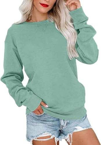 VIGVAN Damen Sweatshirt Pullover Elegant Basic Langarmshirt Rundhals Baumwolle Pulli Herbst Winter Casual Oberteile Langarm Tops (Grün, XL)