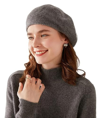 Ailaile Kaschmir-Mütze für Damen, Winter, warm, Merinowolle, modische Strickmütze, Grau, Einheitsgröße