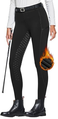 FitsT4 Sports Damen Winterreitleggings Fleece-Reithose Silikon Vollbesatz Reithose mit Reißverschluss-Taschen und Gürtelschlaufen,Schwarz,XL