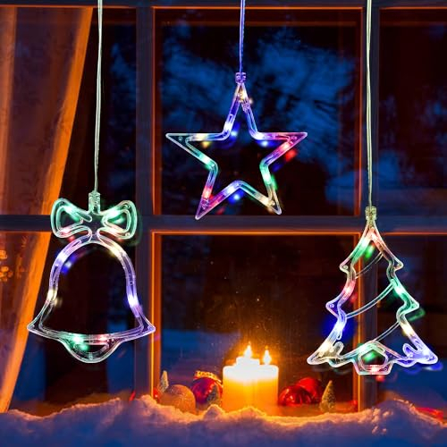 FINGOOO Christmas Indoor Hanging Light Pendant, 3Pcs Warm White Backdrop Star Xmas Tree Bell Lights for Home Shop Party Christmas Window Hanging Decoration Indoor Outdoor
