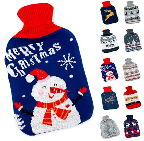heimtexland ® Wärmflasche mit Soft Strick Bezug waschbar Motiv Geschenk Weihnachten Fell Norweger Wärmkissen Wärmeflasche 1,6 ltr Typ857 Schneemann