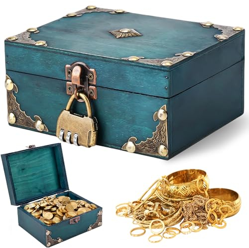HOMURY Coffre au trésor en bois vintage avec serrure à combinaison, coffre au trésor de pirate, coffre au trésor pour anniversaire d'enfant, pour ranger et décorer des cadeaux (15 x 12 x 7,2 cm, vert)