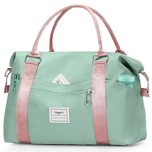 FIORETTO Damen Reisetasche Sporttasche Handgepäck Weekender Bag Schwimmtasche Wasserdicht Travel Bag Duffle Bag Fitnesstasche Trainingstasche für Damen Grün&Rosa Large
