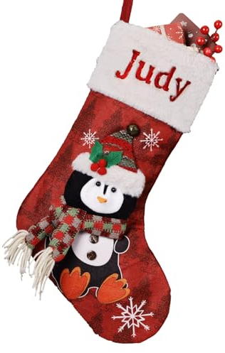 witfox Nikolausstrumpf personalisiert mit Namen Kinder- nikolausstiefel zum befüllen personalisiert aus Baumwolle Leinen mit 3D-Schneemann, Weihnachtsdeko für Familie, Kinder-Pinguin