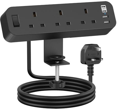Desk Power Socket with USB C, ANVODE 3 Way Desktop Power Socket Extension with 4 USB (2 Type C), Desk Extension Lead 2M with Switch for Home Office (Black)