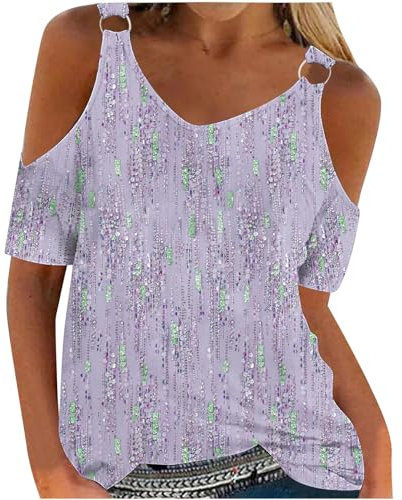 Maglietta Donna Scollo a V, Tunica a Spalla Scoperta Top Comoda a Maniche Corte Chic Sexy Top Magliette Bohémien Elegante Blusa per la Primavera e L'Estate Leggera Confortevole e Traspirante