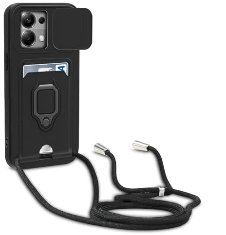 yanasuo Cover con Collana Compatibile con Xiaomi Redmi Note 13 Pro 5G/Poco X6 5G, Cover con Pratico Cordino, Slidable Protezione Fotocamera Slot Carte 360° Anello Supporto, Nero