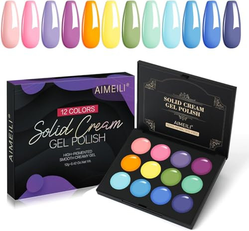 AIMEILI Solid Cream Gel Nail Polish, 12 Colors Solid Gel Polish Palette Neutral Nude Brown Pink White Pudding Gel Set UV LED Soak Off Art Kit Manicure DIY at Home Kit19