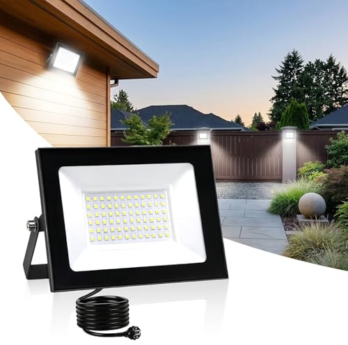 Hopelit LED Strahler, 50W Led Strahler Außen Kaltweiß Licht, Superhell LED Fluter mit Stecker, IP66 Wasserdicht LED Außenstrahler für Garage, Patio, Sportplatz etc.