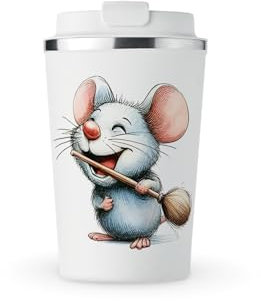 MAXIKIWI - Insulated Double Walled, Leakproof Stainless Steel Mug, Coffee or Tea Travel Tumbler with Lid, Keep Drinks Hot and Cold - Watercolor Funny Mouse Theme 1-350ml