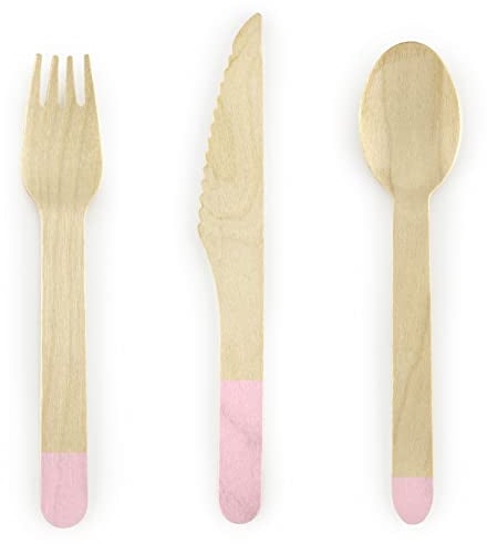 18-Piece Set Disposable Cutlery Pink Wooden Forks Wooden Knife Wooden Spoon Sustainable Disposable Cutlery Wood for Wedding Party Valentine Camping Birthday Cutlery Disposable Wooden Pink