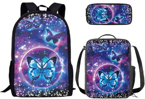 HUGS IDEA 3 Stück Schultasche Büchertasche mit Isolierte Lunchbox Stifthalter Rucksack Set für Kinder Mädchen, Galaxy Butterfly