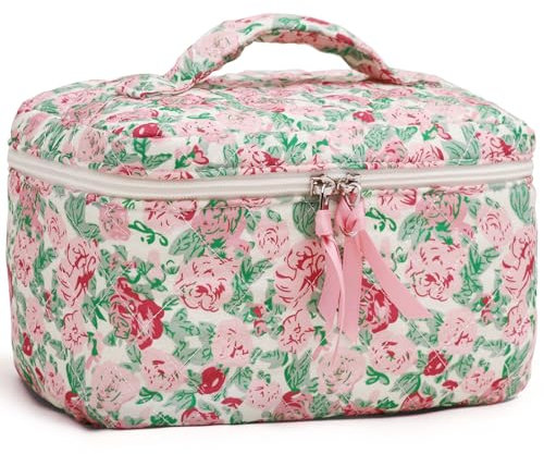 Prite Beauty case floreali carino make up bag in cotone con motivo trapuntato, borsa da viaggio, borsa per trucchi per donne e ragazze, Rosa multicolore