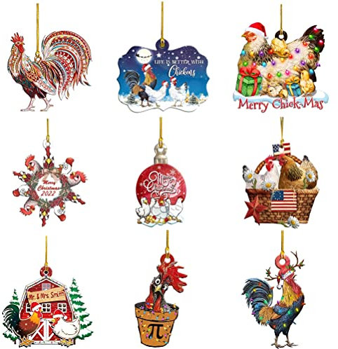 9 Stück Hahn mit Weihnachtsmütze Christbaumschmuck Anhänger Deko für Weihnachten Weihnachtsbaumschmuck Weihnachtsdeko Weihnachtsschmuck für Weihnachtsbaum Dekorationen Party Christbaumanhänger