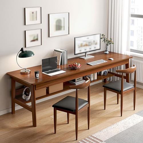 Scrivania in Legno Massello, Scrivania per 2 Persone con Libreria, Grande Postazione di Lavoro per Computer, Scrivania per Ufficio con Ripiani, Tavolo da Studio(Size:160x50x75cm,Color:Noce)