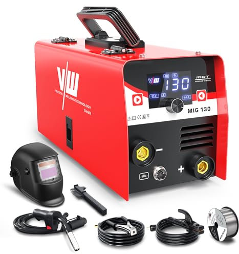 MIG Saldatrice 130 A, filo di riempimento, set per principianti, saldatrice IGBT Interver con funzione di saldatura elettrodi, VECTOR WELDING (set saldatrice – rosso)