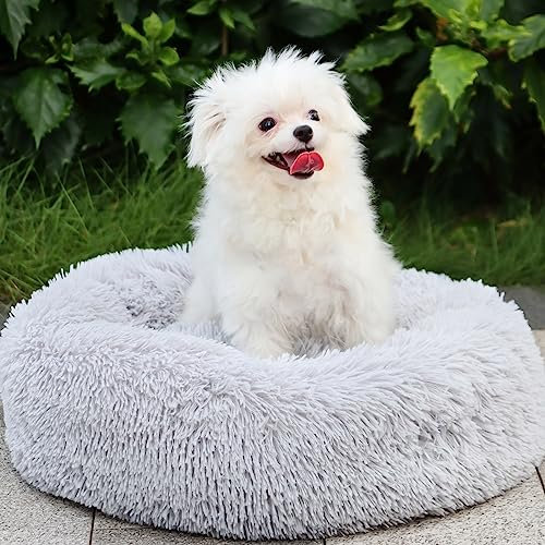 MDDK DY Hundebett Mittelgroße Hunde 70 cm, Katzenbett Flauschig- Plüschiges Rundkissen, Waschbar & rutschfest, Ideal für Mittlere bis Große Hunde und Katzen, Grau