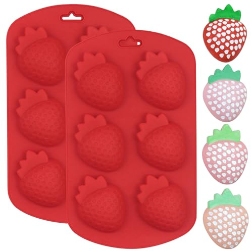Silikon Erdbeere Backform, 2er Set mit 6 Mulden, Rot, Antihaftbeschichtet, für Kuchen, Gelee, Süßigkeiten und Schokolade