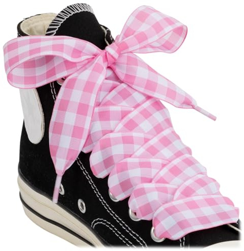 Puzeam 2 Paires de Lacets pour Chaussures en Ruban de Satin, 25 mm de Largeur, Lacets Plats à Damier en Soie pour Baskets et Bottes, pour Femmes et Filles（L-Blanc Rose, 120）