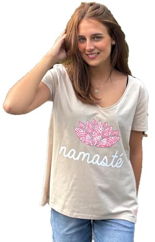 Miss Goodlife MG12877 Damen V-Neck T-Shirt Namaste, Sand, S