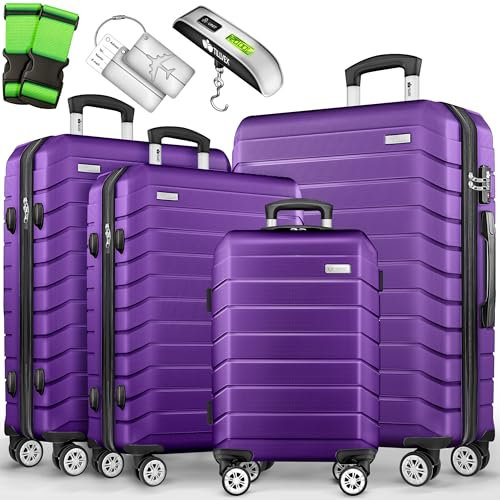 tillvex® Reisekoffer Set 4-TLG. + Gepäckwaage, 8X Koffergurte & 4X Kofferanhänger | Kofferset 4 Rollen | Trolley Gepäck Koffer TSA Schloss | Rollkoffer Hartschalenkofferset S-M-L-XL (Lila)