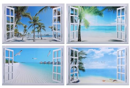 yeeplant 4 pegatinas de pared autoadhesivas 3D para ventanas falsas, vista a la playa, murales extraíbles para salas de estar, dormitorios y oficinas