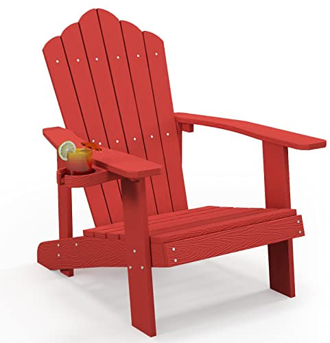 GOPLUS Adirondack Stuhl, Gartenstuhl ergonomisch mit Armlehnen, Hochlehner & Getränkehalter, Outdoor Stuhl wetterfest bis 150kg belastbar für Garten Hof Terrasse Balkon (Rot)