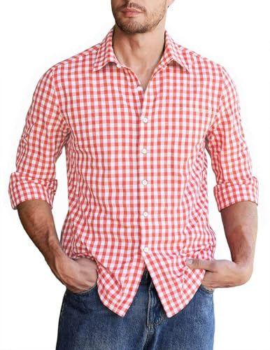 Halfword Chemise Homme à Carreaux Manches Longues Coton Boutons Bûcheron Traditionnelle Bureau Décontractée Rouge M