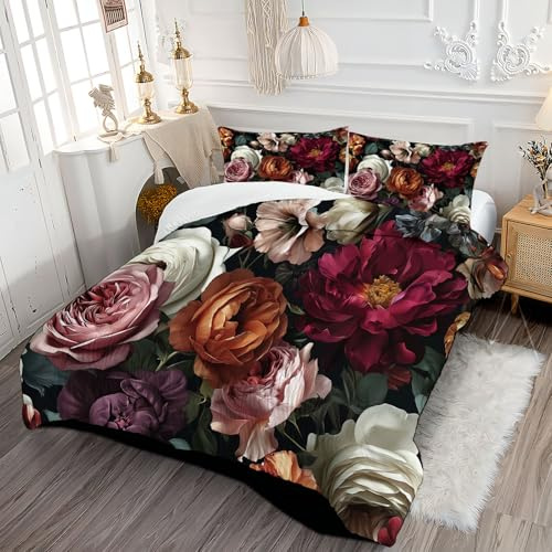 Dark Rose Bush Coverless Duvet Super King Lightweight and Warm Bedding Flower Oil Painting Style Down Alternative with Pillow Shams for All Seasons 230x260cm Burgundy Red