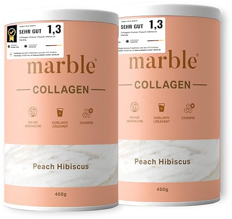marble® Collagen Pulver [2 x 450g] – Kollagen Hydrolysat – Peptide Typ 1, 2 & 3 – Exzellente Löslichkeit ohne Klumpen – Laborgeprüft – Made in Germany – 60 Tage risikofrei – Peach Hibiscus