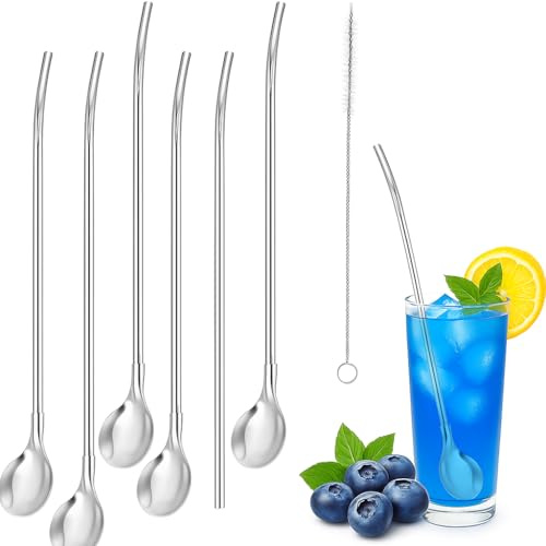 LeGeYo Edelstahl Trinkhalmlöffel 6er Set + Bürste 2-in-1 Strohhalm & Löffel 304 Edelstahl Spülmaschinenfest ca. 21 cm