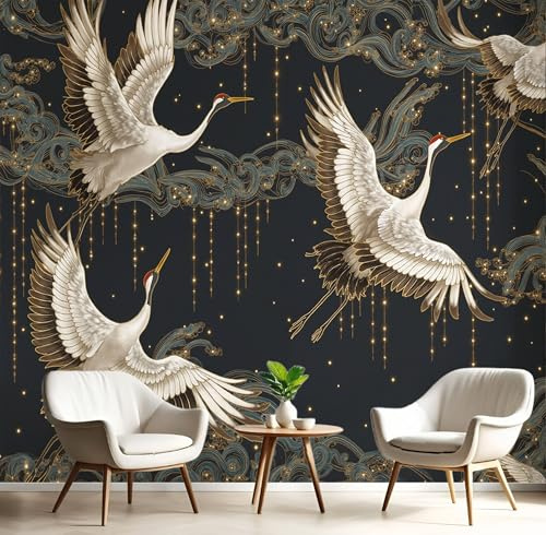 Fototapete Schwarzes Gold Fliegender Weißer Kranich Tapete 3D Effekt Tapeten Elegante Tiere Wandtapete Wohnzimmer Schlafzimmer Kinderzimmer Wand Dekoration Motivtapeten,450X300Cm