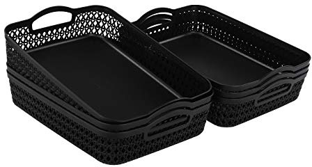 Uumitty Plastic Storage Tray Baskets with Handles, Pack of 6 | A4 Size, Rectangular Shallow Organizer Bins, Stackable, Black, 33 x 25 x 7 cm, for Office, Bathroom, Bedroom