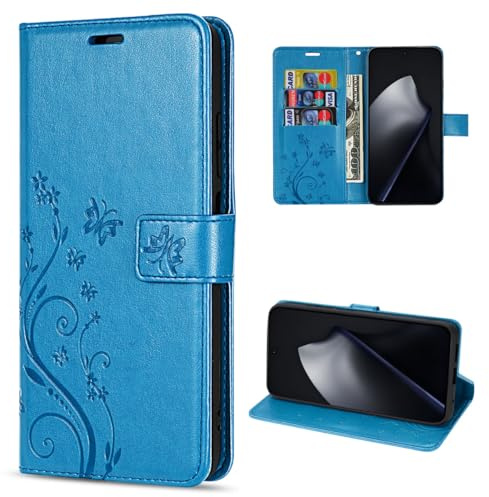 betterfon Handyhülle kompatibel mit Xiaomi 15T Pro | Premium PU Leder Handy Hülle Wallet Case | Schutzhülle Blumen Klapphülle | Blau