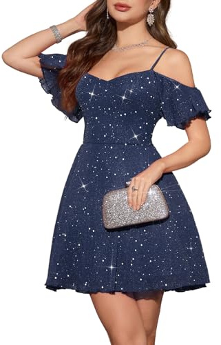 Meetjen Damen Sparkly Off Shoulder Ballkleid 2025 A-Linie Tüll Spaghettiträger Kurze Cocktailkleider