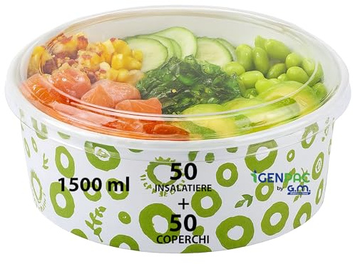 GM – 50 Insalatiere Bianche con Grafica Verde 1500 ml e Coperchio Trasparente – Diametro 18,4 cm Altezza 7,5 cm – Contenitori Alimentari per Asporto, Poke, Insalate e Piatti Freddi – Gastronomia