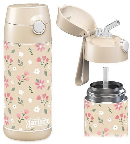 Jarlson® Gourde Enfant CHARLI [350ml] Bouteille Isotherme Anti Fuite avec Paille pour Garçons & Filles - Sans BPA & Phthalates - Gourde Inox pour École, Maternelle & Sport (Fleurs)
