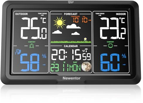 Newentor Wetterstation Funk mit Außensensor - Wetterstation mit Wettervorhersage, Temperaturwarnung, 7.5'' Farbdisplay, DCF Funkuhr - Batteriebetrieb und Netzbetrieb