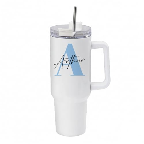 Getagift Personalized Initial with Name 40 oz Tumbler with Handle & Straw | Custom Name Stainless Steel Large Cup | Travel Bottle | Car Coffee Mug. (White)